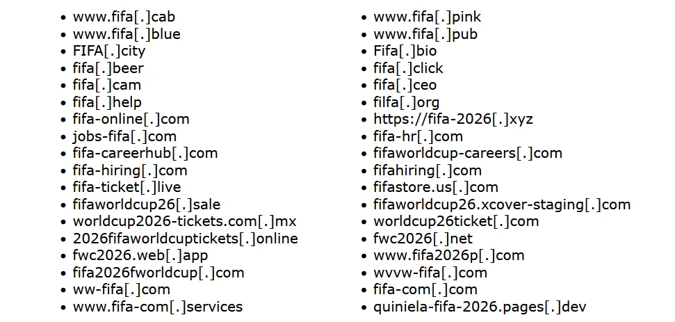 Lista fałszywych i mylnych domen internetowych nawiązujących do motywu FIFA oraz Mistrzostw Świata 2026, występujących w różnych wariantach nazw, rozszerzeń i układów, Lista podana przez FBI.