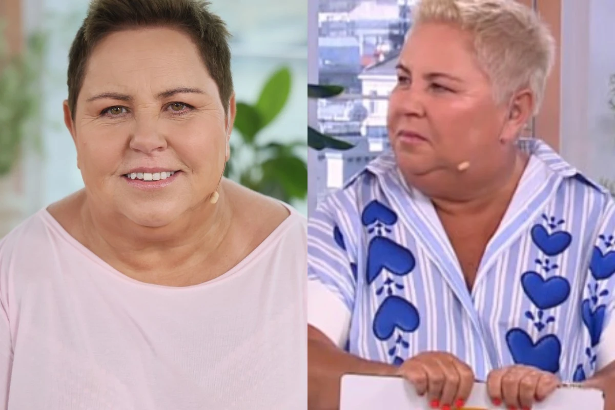 Dorota Wellman przed i po metamorfozie Uśmiechnięta kobieta z krótkimi włosami nosząca jasnoróżową bluzkę oraz ta sama kobieta w koszuli z niebieskimi sercami, siedząca przy stole, z mikrofonem przy twarzy.