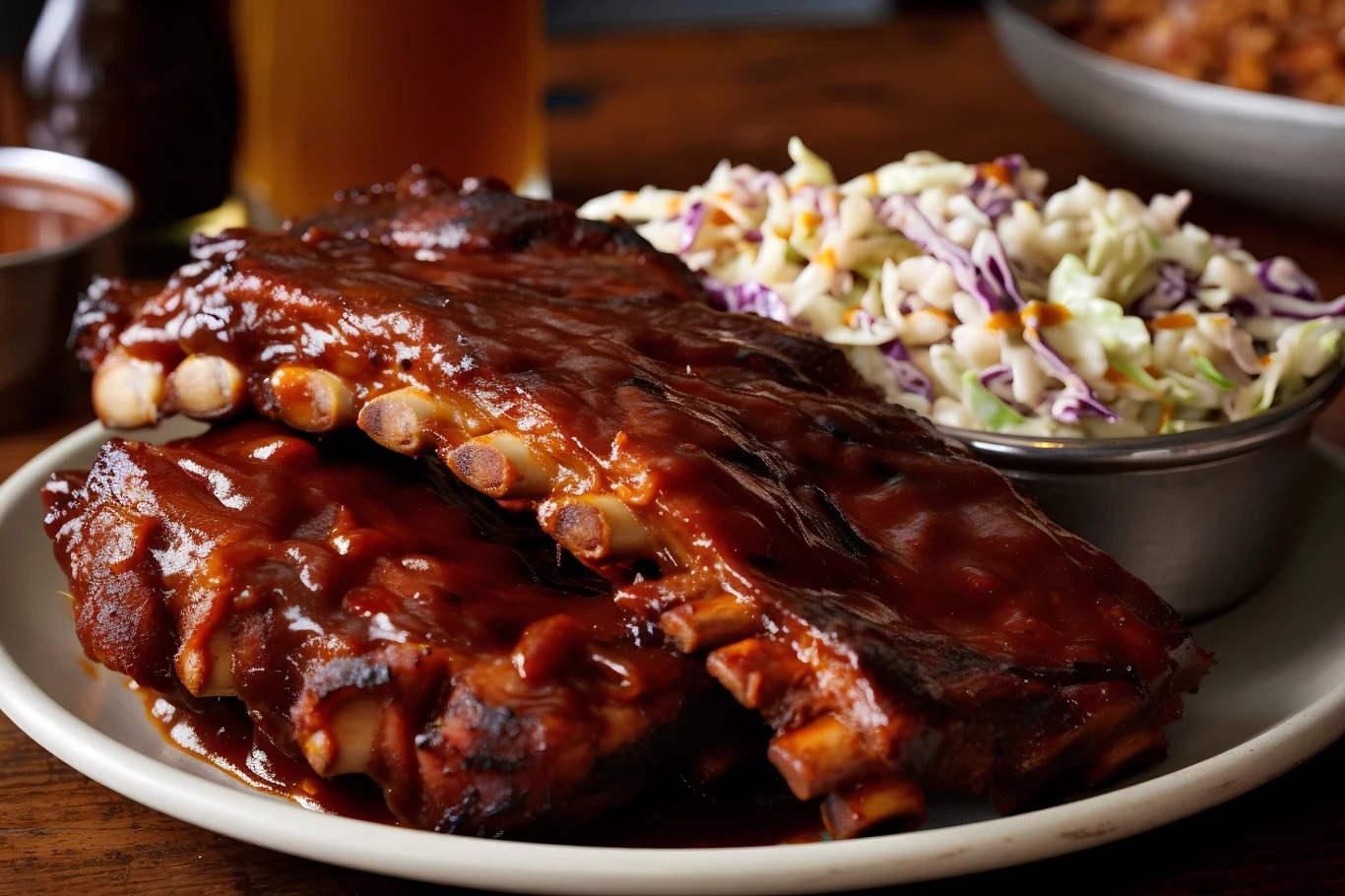 Żeberka w słodko pikantnej marynacie wspaniale smakują z surówką Żeberka w marynacie barbecue z surówką coleslaw na talerzu, podane do grilla.