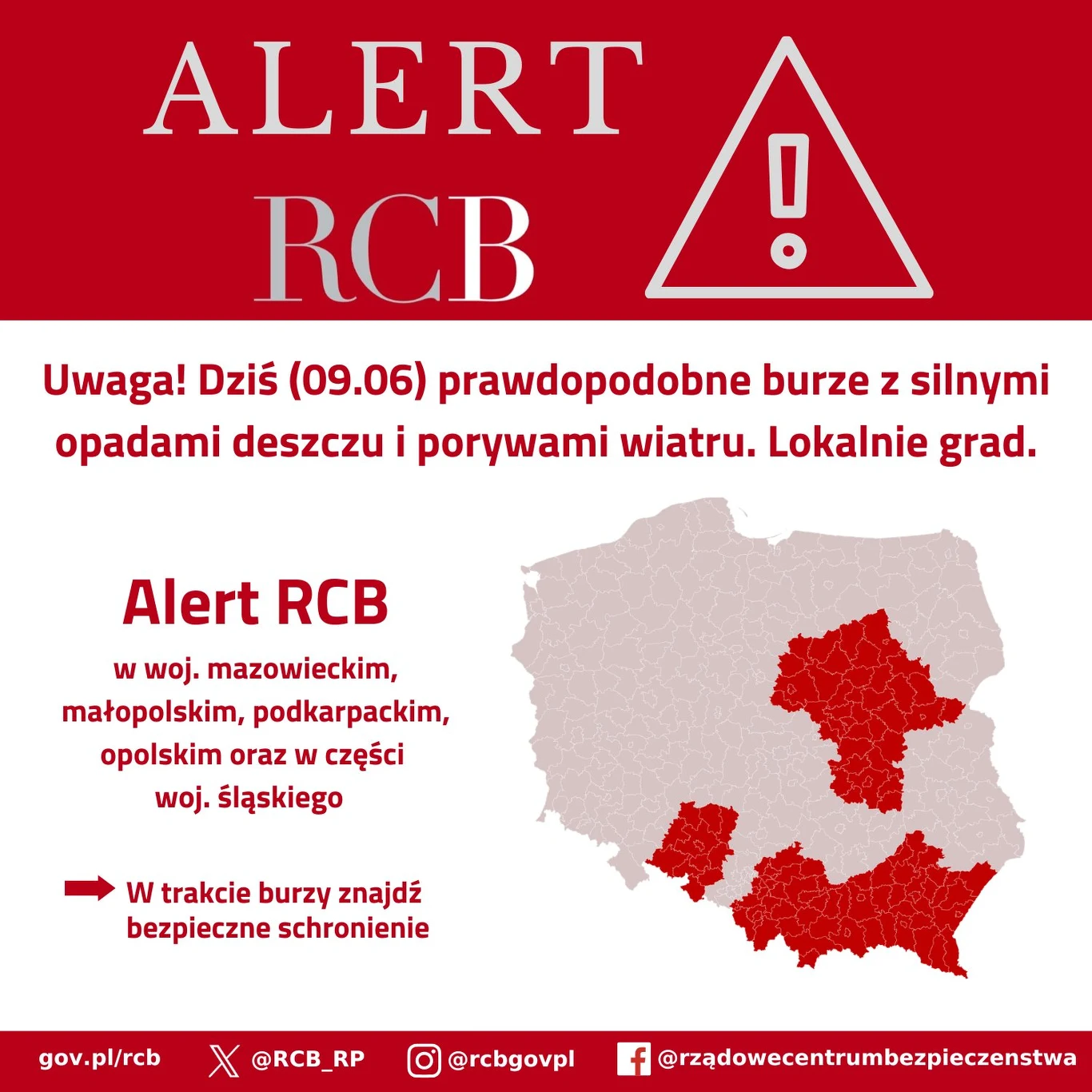 Komunikat o ostrzeżeniu pogodowym z mapą Polski, na której zaznaczono regiony objęte alertem dotyczącym burz z intensywnymi opadami deszczu, silnym wiatrem i lokalnym gradem, wraz z zaleceniem znalezienia bezpiecznego schronienia w zagrożonych wojewódz...