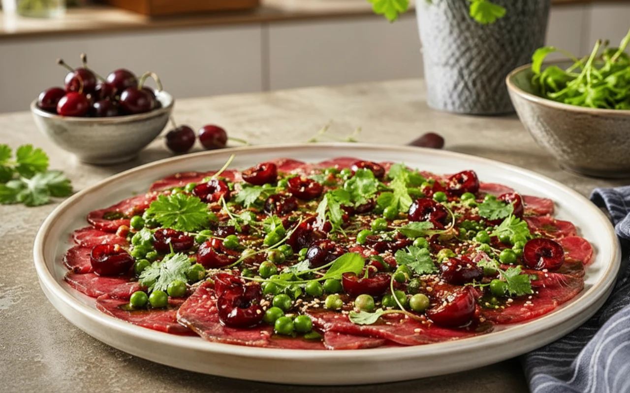 Prasowane carpaccio wołowe z czereśniami, groszkiem i sosem azjatyckim Prasowane carpaccio wołowe z czereśniami, groszkiem i sosem azjatyckim