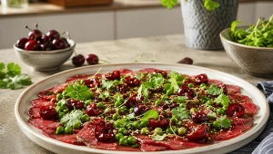 Prasowane carpaccio wołowe z czereśniami, groszkiem i sosem azjatyckim