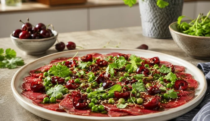 Prasowane carpaccio wołowe z czereśniami, groszkiem i sosem azjatyckim