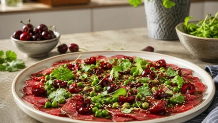 Prasowane carpaccio wołowe z czereśniami, groszkiem i sosem azjatyckim