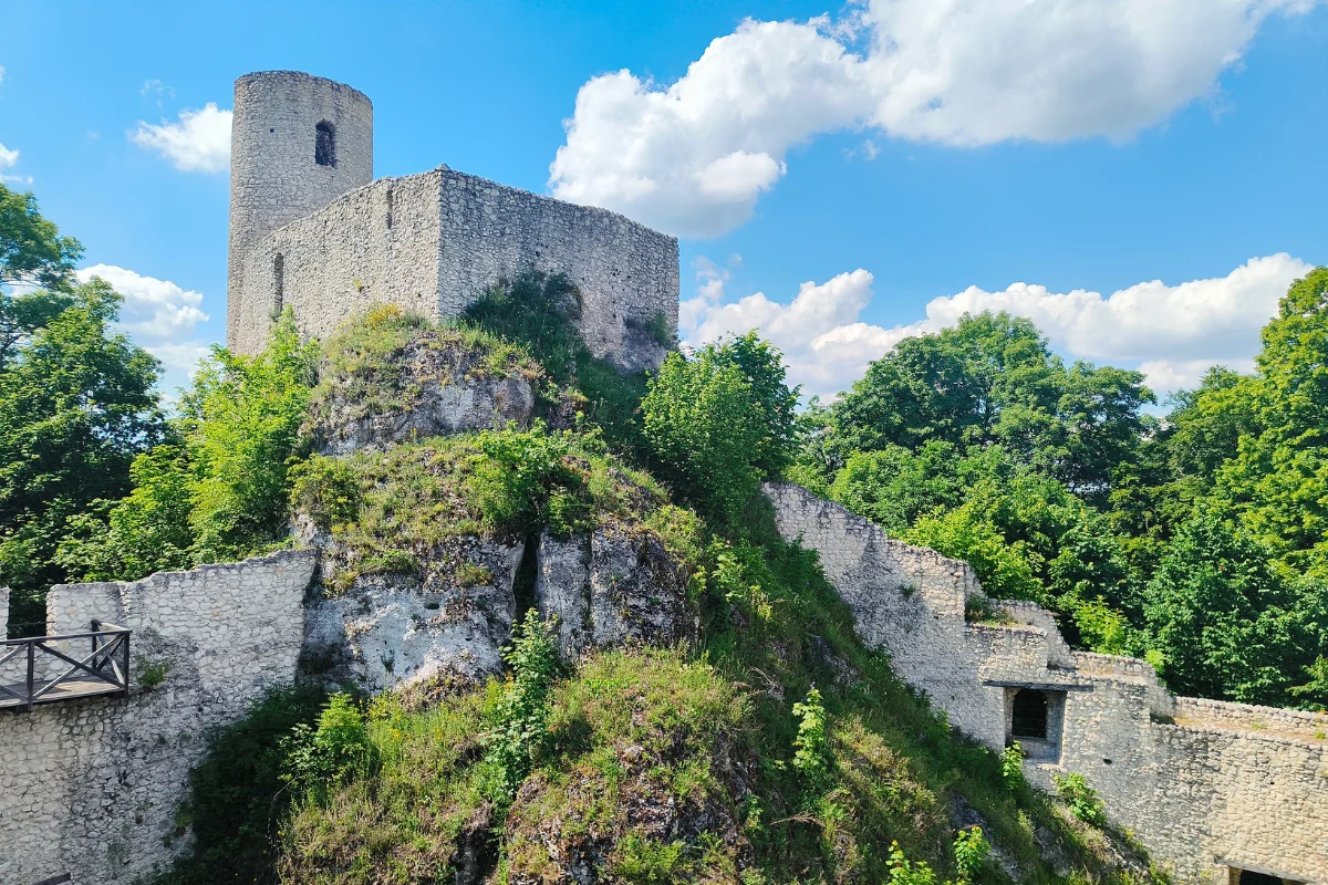Kamienna wieża zamku położona na wysokim, skalistym wzgórzu, otoczona grubymi murami obronnymi i bujną zielenią drzew.