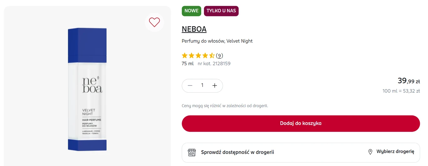 Velvet Night - perfum do włosów Perfumy Neboa Velvet Night w białym opakowaniu z niebieską nakrętką, oznaczenie pojemności 75 ml i cena 39,99 zł, przycisk dodania do koszyka oraz informacja o dostępności produktu wyłącznie w danej drogerii.