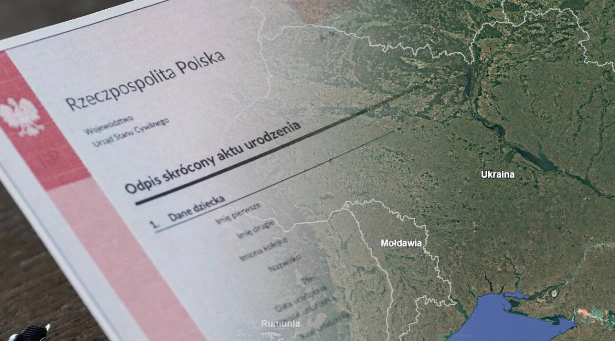 Ukraińcy sprzedawali w Kijowie fałszywe polskie akty urodzenia Skrócony odpis polskiego aktu urodzenia na mapie Europy Wschodniej z Ukrainą, Mołdawią i Rumunią.