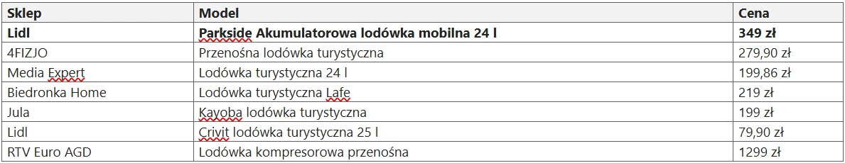 Tabela porównująca oferty lodówek turystycznych w sześciu sklepach, zawierająca nazwy sklepów, modele lodówek oraz ich ceny.