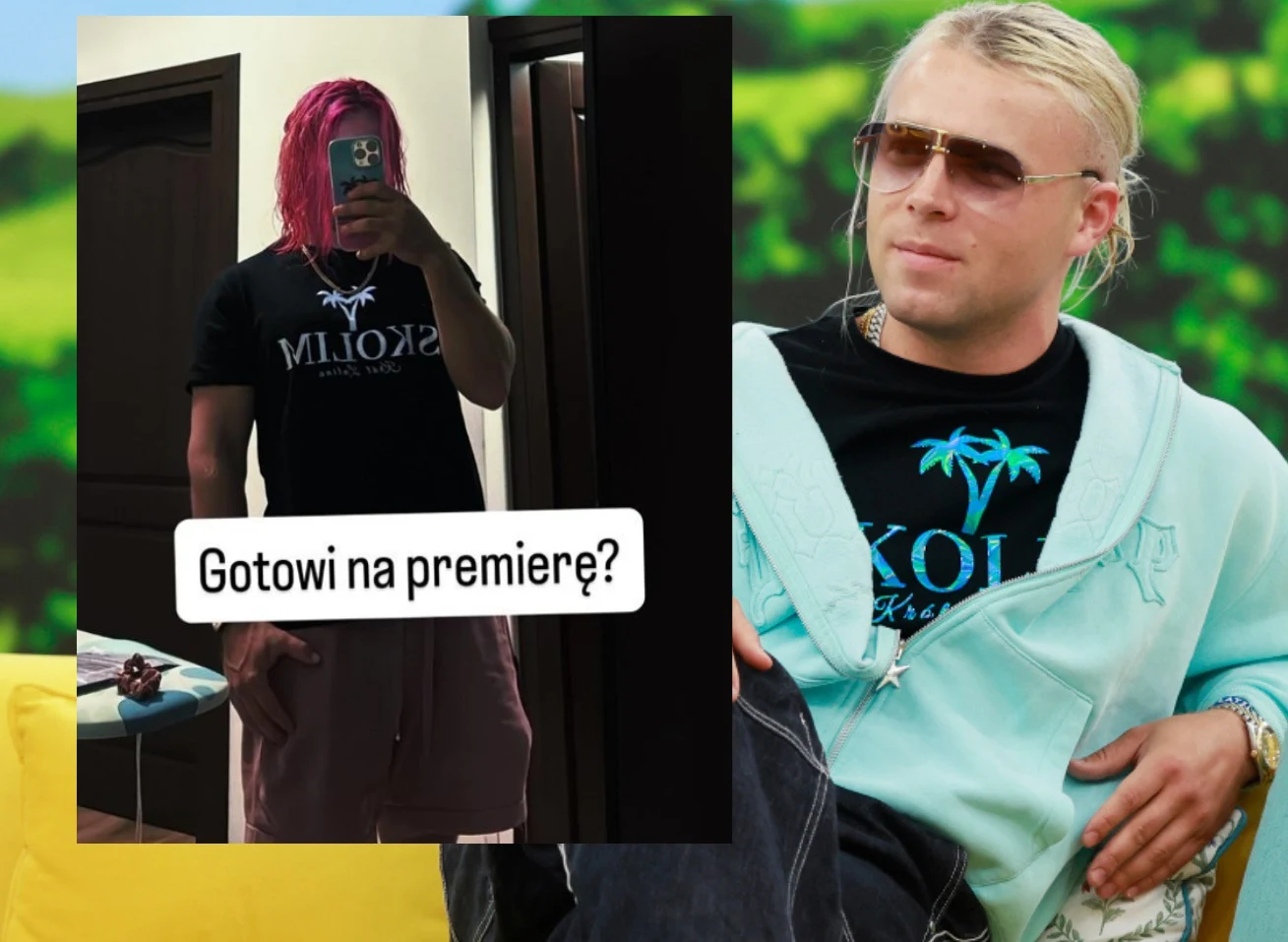 Skolim pokazał nową fryzurę/Instagram:@skolim_ Mężczyzna z blond włosami spiętymi w kucyk siedzi w błękitnej bluzie, pod którą ma czarny t-shirt z widocznym turkusowym nadrukiem; obok wstawka z lustrzanym selfie osoby w różowych włosach i tej samej koszulce, trzymającej telefon, z napisem 'Gotowi n...