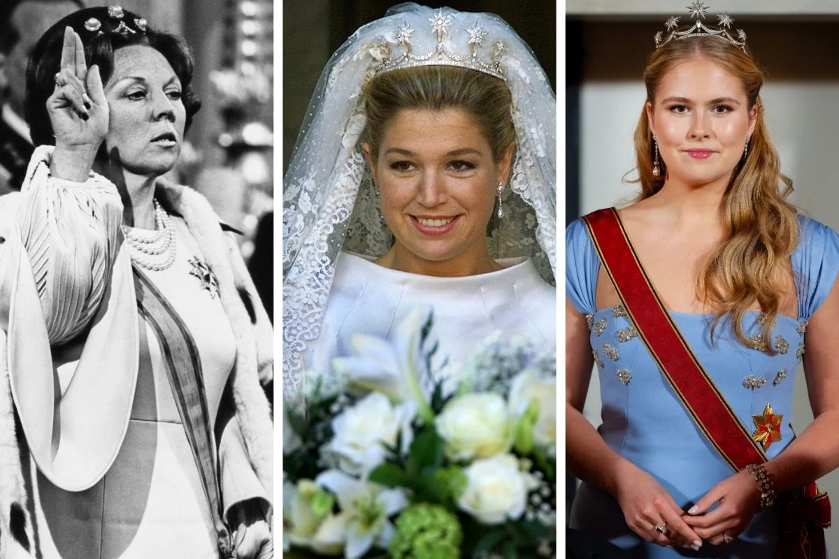 Trzy kobiety w eleganckich stylizacjach: pierwsza wykonuje gest dłonią podczas oficjalnej uroczystości, druga ubrana w białą suknię ślubną z koronkowym welonem i trzyma bukiet kwiatów, trzecia w jasnoniebieskiej sukni z czerwoną szarfą oraz tiarą na gł...