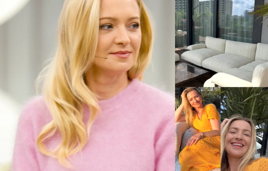 Kurdaj-Szatan urządziła taras Kobieta o blond włosach w różowym swetrze, nowoczesny salon z jasną kanapą oraz dwie fotografie tej samej kobiety, uśmiechniętej w żółtej sukience na tle zieleni.