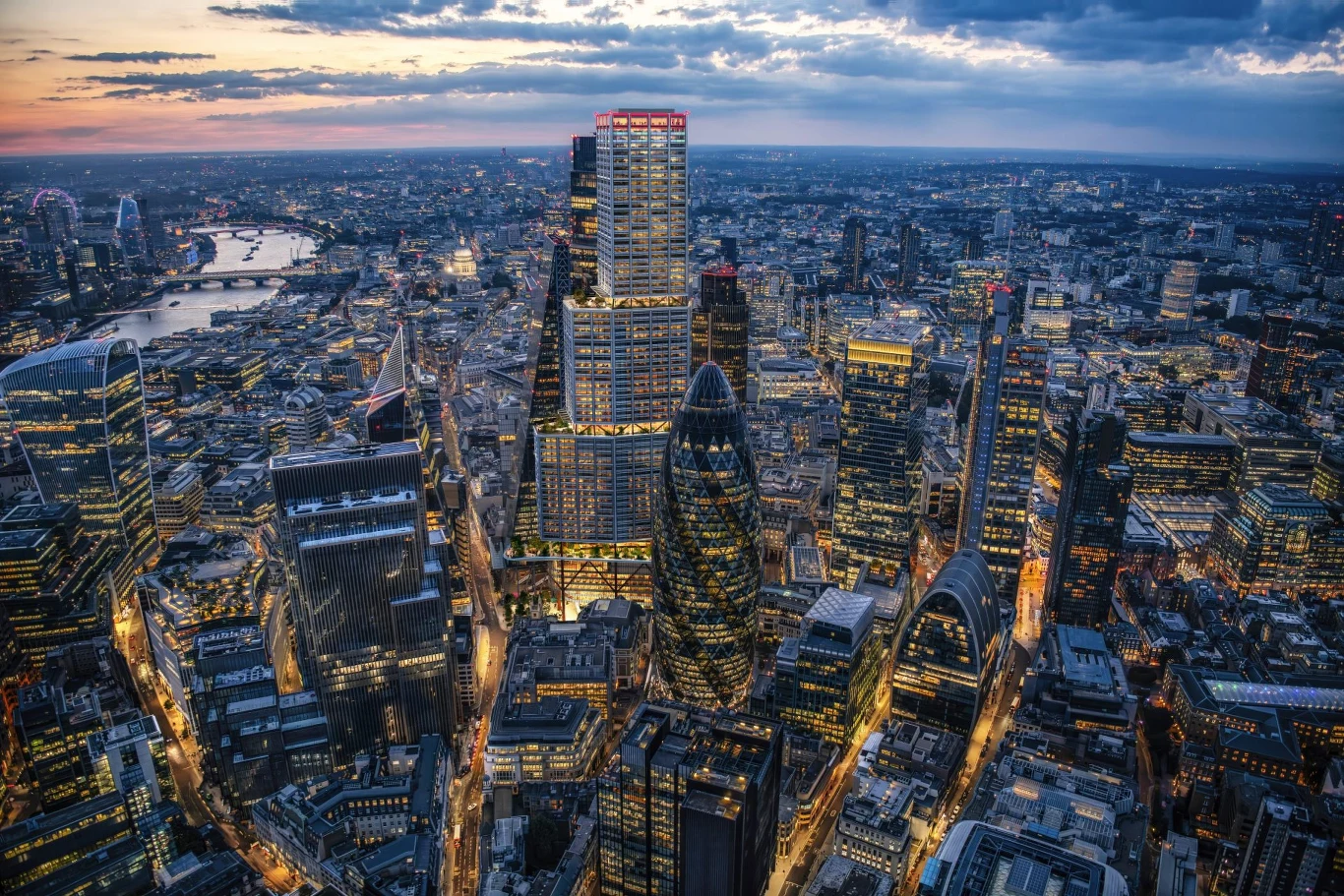 Nowoczesne wieżowce w centrum Londynu z wizualizacją One London, nowego 306,5-metrowego wysokościowca .