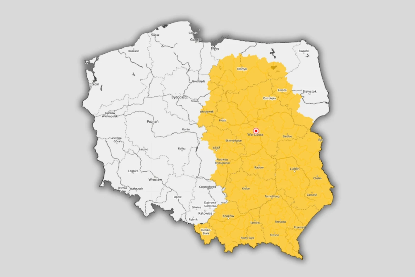 Mapa Polski z zachodnią częścią oznaczoną na biało, a wschodnią na żółto, z zaznaczonymi głównymi miastami i granicą podziału przebiegającą pionowo przez środek kraju.