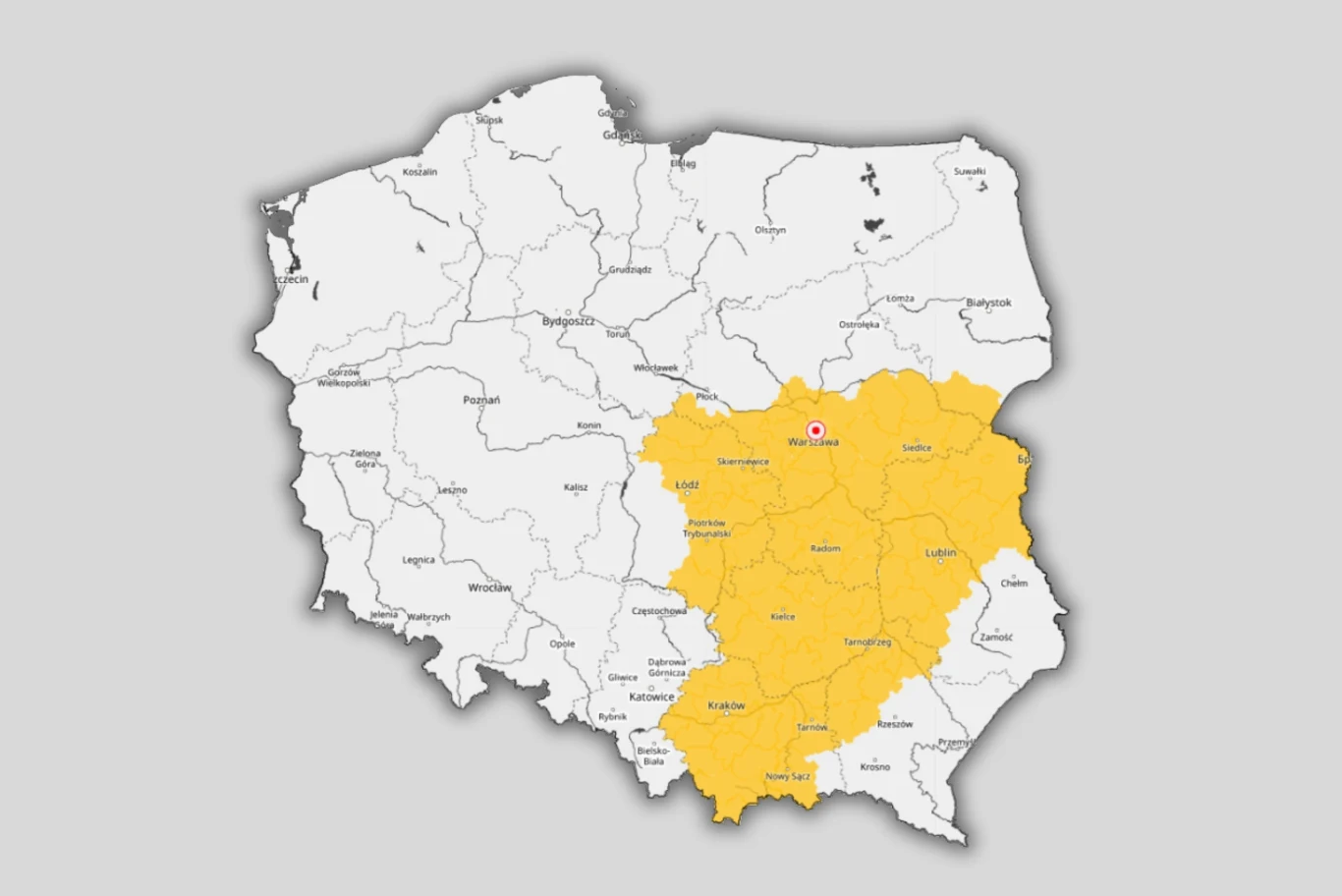 Najsilniejsze ulewy z burzami w środę opanują tereny w centrum i na południowym wschodzie kraju Mapa Polski z wyróżnionym na żółto obszarem województwa mazowieckiego oraz zaznaczonym położeniem Warszawy.
