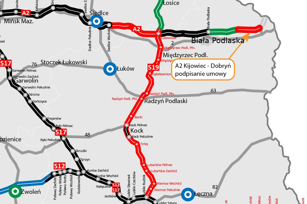 Mapa z oznaczonymi trasami głównych dróg ekspresowych wokół Białej Podlaskiej, a także zaznaczoną na czerwono trasą S19 oraz fragmentem A2 Kijowiec–Dobryń z informacją o podpisaniu umowy.