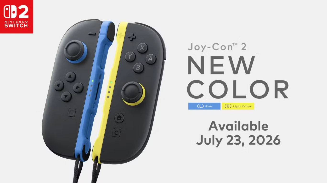 Para kontrolerów Joy-Con 2 w nowych kolorach: czarnym z niebieskim oraz czarnym z jasnożółtym, z informacją o dostępności od 23 lipca 2026 roku na tle jasnego, minimalistycznego tła.