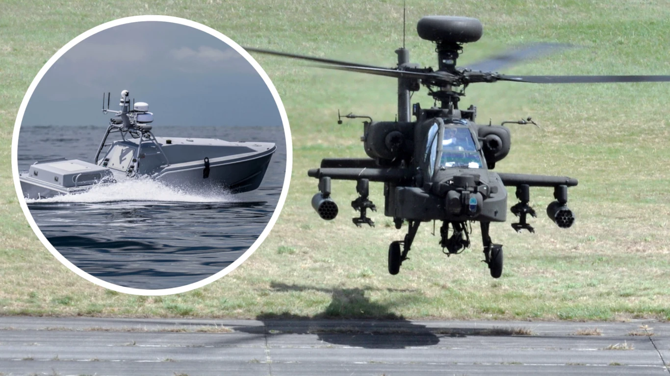 Śmigłowiec AH-64 Apache lecący nad trawiastym terenem i bezzałogowa łódź patrolowa na wodzie.