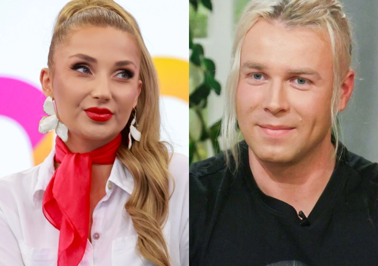 Cleo, Skolim Cleo w białej bluzce z apaszką oraz Skolim w ciemnym T-shircie na zestawionych ze sobą zdjęciach.