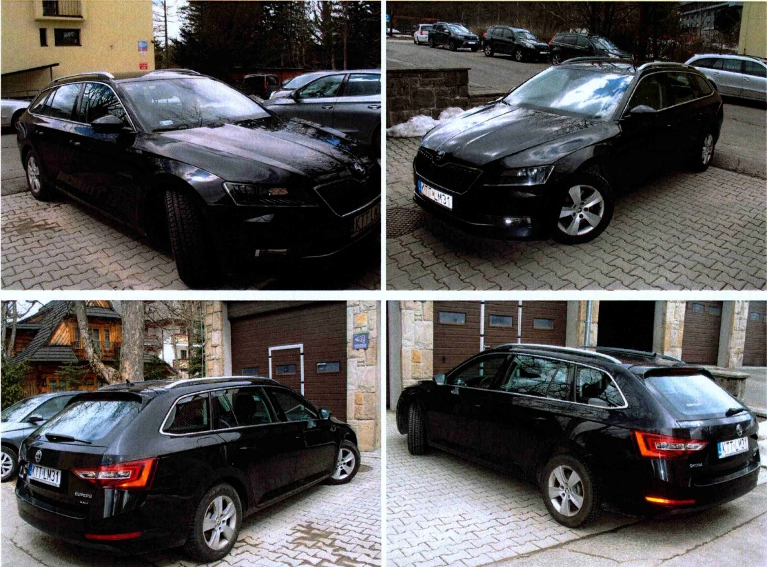 Czarny samochód osobowy typu kombi zaparkowany na chodniku przed budynkiem, widoczny z różnych perspektyw podkreślających jego kształt i detale nadwozia.