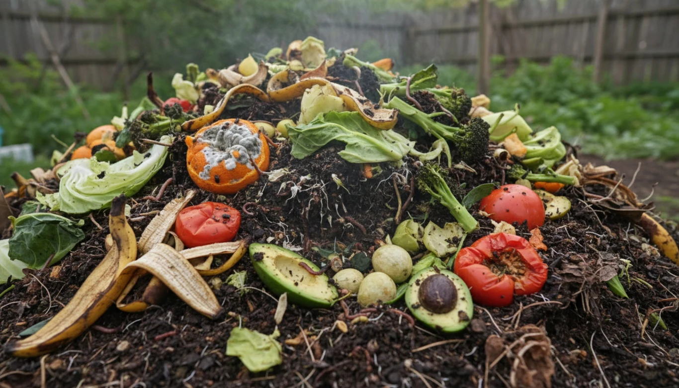 Kompostownik to skarbnica naturalnego nawozu. Stos gnijących odpadków kuchennych, takich jak skórki bananów, zgniłe warzywa, obierki i resztki owoców, przeznaczonych do kompostowania.