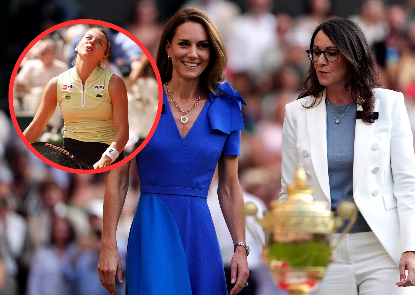Maja Chwalińska, Kate Middleton i Sally Bolton Maja Chwalińska, Kate Middleton i Sally Bolton stoją na korcie przy złotym pucharze; zbliżenie Chwalińskiej w sportowym stroju.