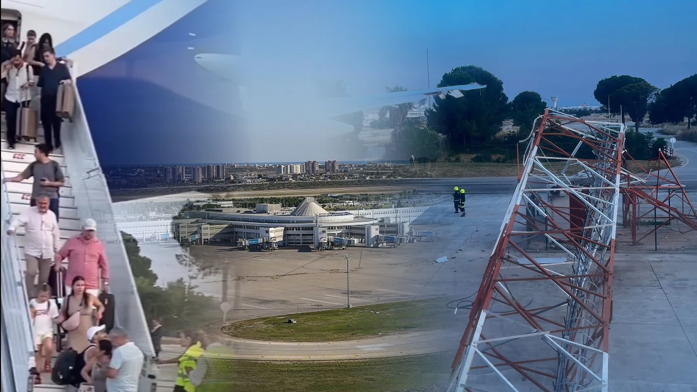 Ewakuowani pasażerowie opuszczają samolot Turkish Airlines na lotnisku w Antalyi obok uszkodzonego masztu radarowego