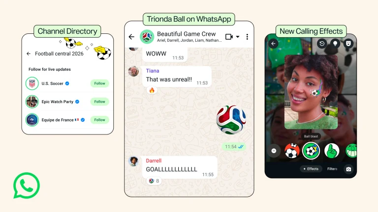 Trzy ekrany aplikacji WhatsApp pokazujące katalog kanałów związanych z piłką nożną, czat grupowy z rozmową o meczu oraz wideo rozmowę z nowymi efektami nawiązującymi do tematyki piłkarskiej.