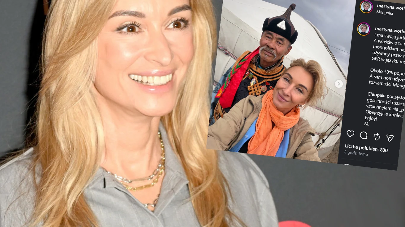 Martyna Wojciechowska zaskoczyła nowym wpisem /https://www.instagram.com/martyna.world/ Uśmiechnięta kobieta o blond włosach w szarej koszuli na pierwszym planie oraz wstawka z mediów społecznościowych, na której wykonuje selfie z mężczyzną w tradycyjnym stroju na tle białego namiotu typu jurta.