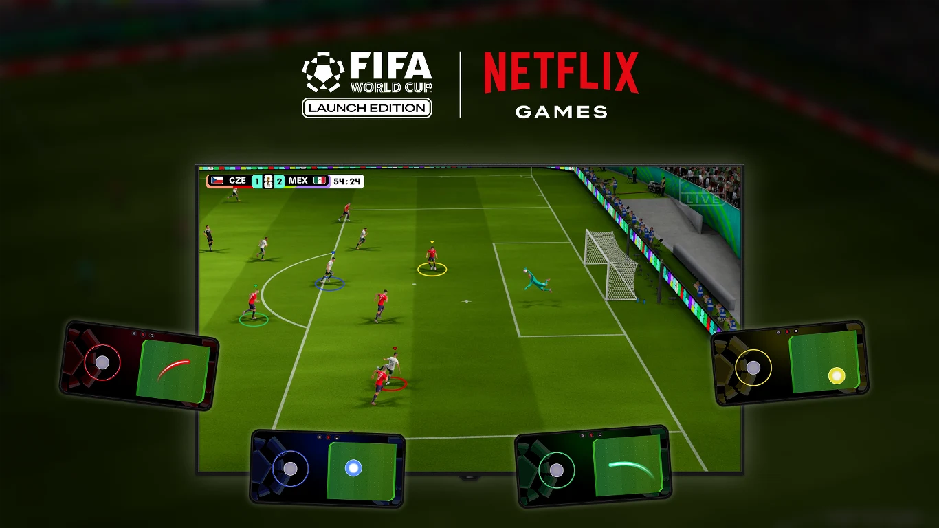 FIFA World Cup: Launch Edition Mecz piłkarski rozgrywany na wirtualnym boisku, pokazany na dużym ekranie z widoczną akcją pod bramką i piłkarzami w ruchu; wokół ekranu cztery smartfony z interfejsami sterowania, logo FIFA World Cup Launch Edition i Netflix Games u góry.