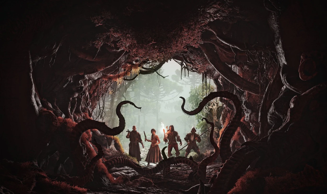 The Mound: Omen of Cthulhu Czworo uzbrojonych odkrywców wychodzi z ciemnej jaskini pokrytej korzeniami do jasnego lasu.