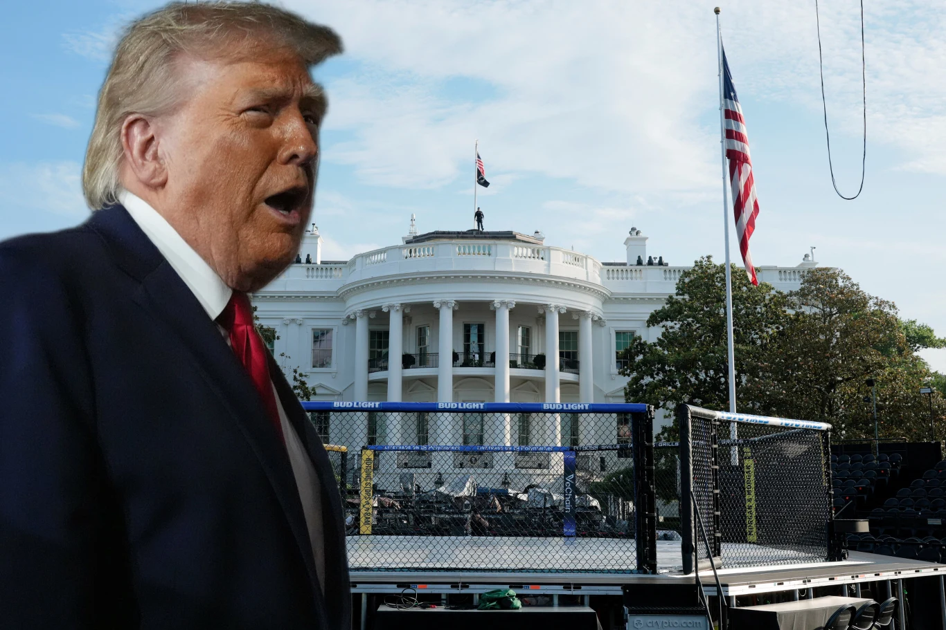 Po lewej Donald Trump. W środku oktagon ustawiony na południowym trawniku Białego Domu.