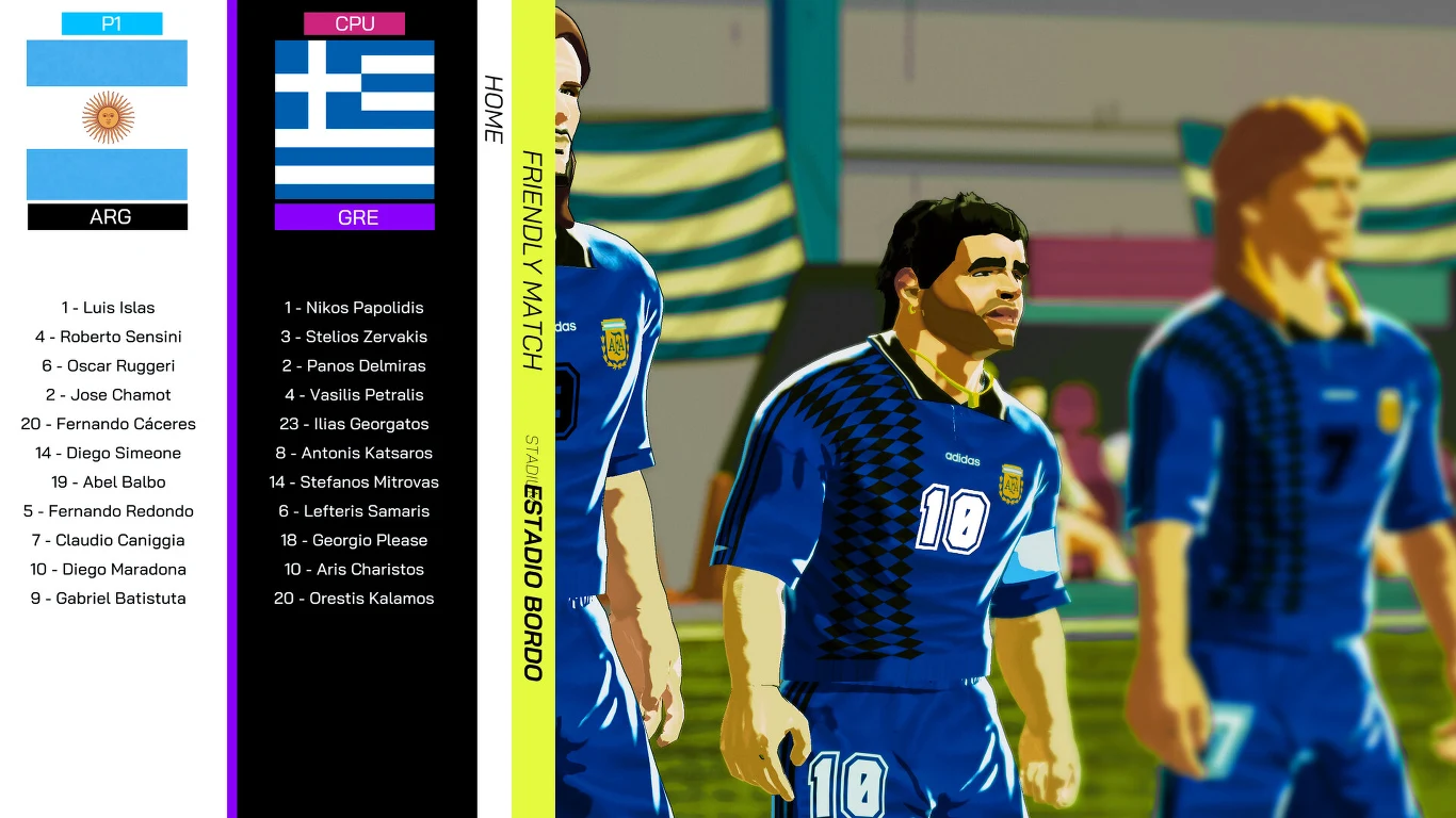 Beat the Champions Piłkarze w niebieskich strojach stojący na murawie przed rozpoczęciem meczu towarzyskiego pomiędzy drużynami Argentyny i Grecji, widoczne składy obu zespołów na kolorowym panelu po lewej stronie.