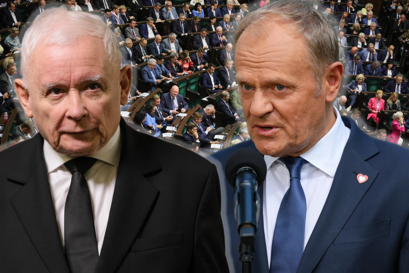 Prezes PiS Jarosław Kaczyński i premier Donald Tusk na tle sali plenarnej Sejmu