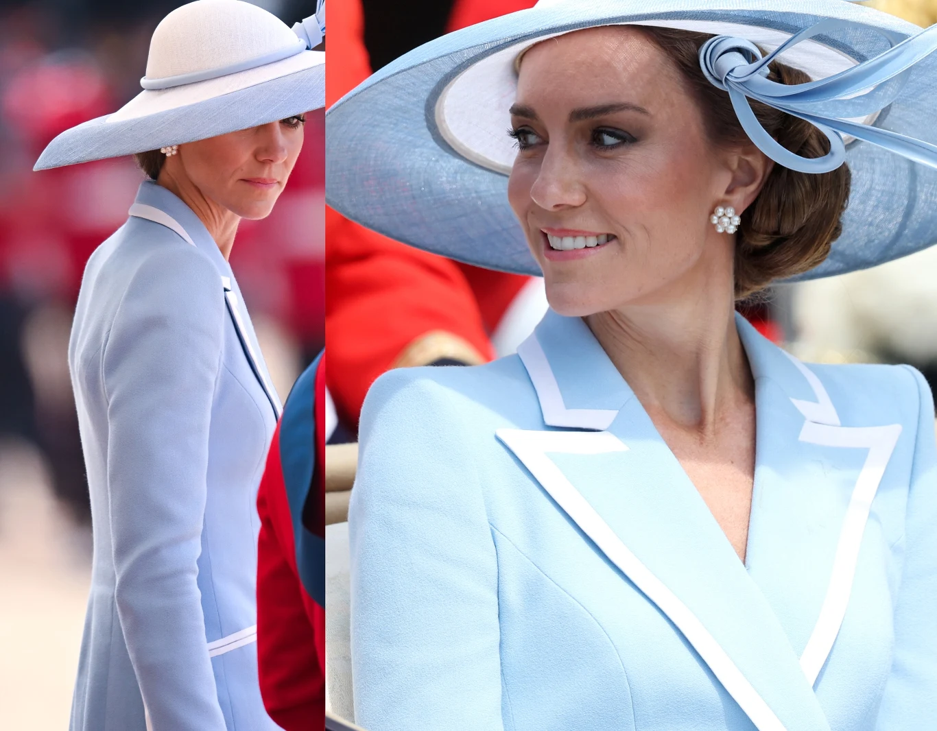 Księżna Kate w błękicie na paradzie Trooping the Colour Kobieta w eleganckim, jasnobłękitnym płaszczu i dużym kapeluszu z białym rondem oraz ozdobną kokardą, uśmiecha się subtelnie, eksponując perłowe kolczyki, a za nią widoczne są sylwetki w żywych kolorach czerwieni.