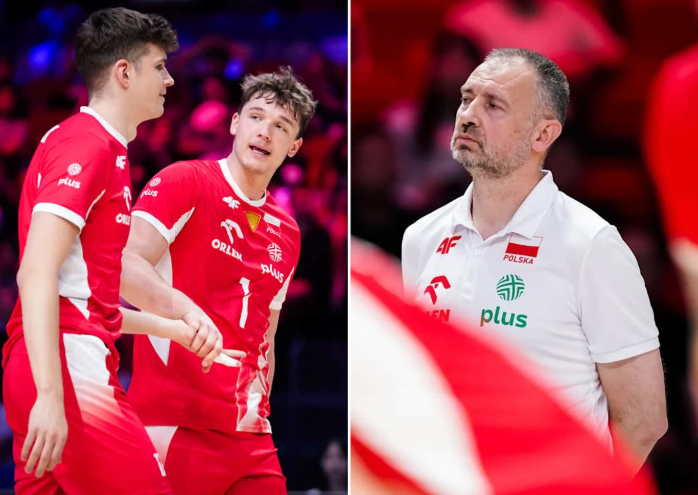 Dwóch siatkarzy reprezentacji Polski w czerwonych strojach prowadzi rozmowę na boisku, obok trener drużyny w białej koszulce spoglądający w bok.