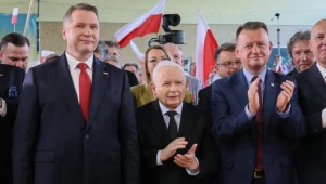 Kandydat na premiera PiS Przemysław Czarnek, Jarosław Kaczyński i Mariusz Błaszczak