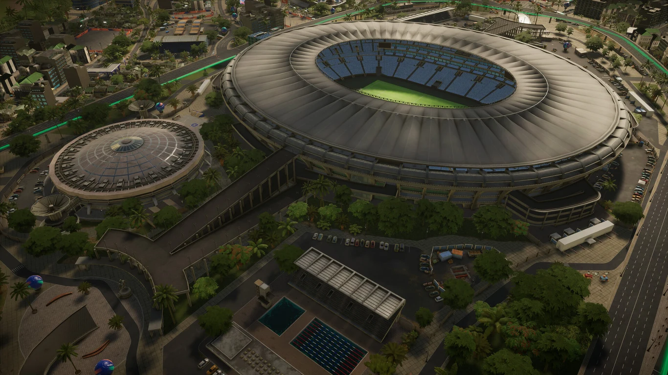 Copa City Stadion piłkarski o owalnym kształcie z zieloną murawą, otoczony nowoczesną infrastrukturą Copa City.