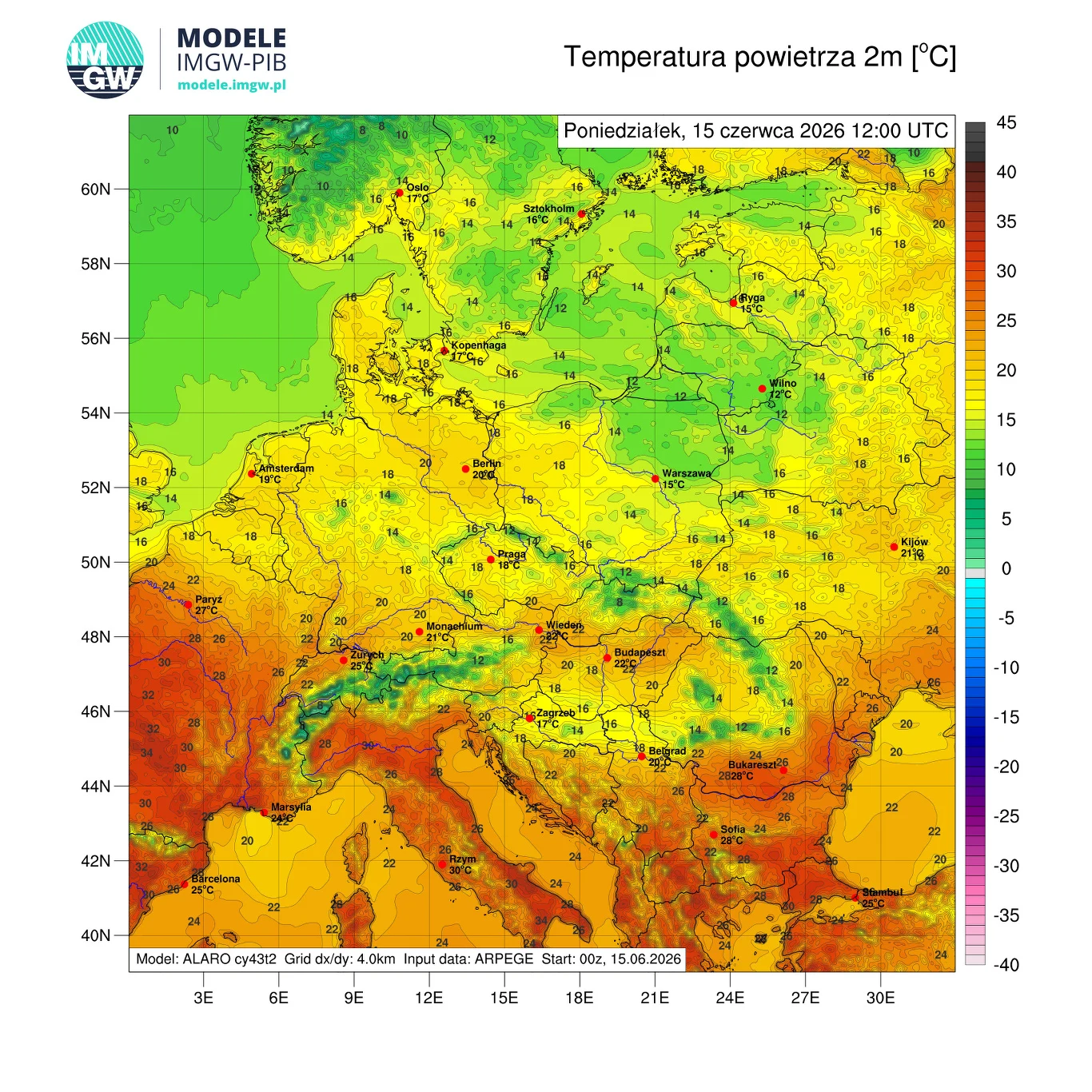 Poniedziałek będzie chłodnym dniem, z maksymalnymi temperaturami na poziomie 21 stopni Celsjusza Mapa Europy Środkowej i Południowej z prognozą temperatury powietrza na poziomie 2 metrów, wyraźnie zaznaczonym pasem bardzo wysokich temperatur na południu kontynentu, sięgającym nawet do 40°C we Włoszech, na Bałkanach i w południowej Francji, podczas...