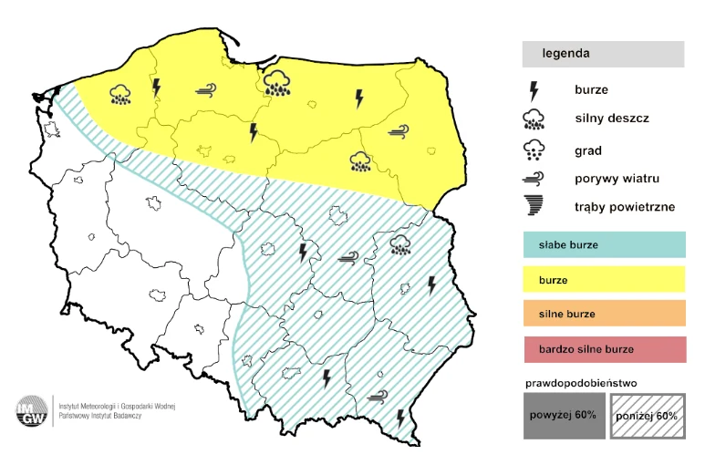 Mapa Polski z zaznaczonymi obszarami występowania burz, silnych deszczy, gradu, porywów wiatru i trąb powietrznych, z podziałem na strefy o różnym stopniu zagrożenia oraz prawdopodobieństwa wystąpienia zjawisk atmosferycznych, zgodnie z legendą po praw...