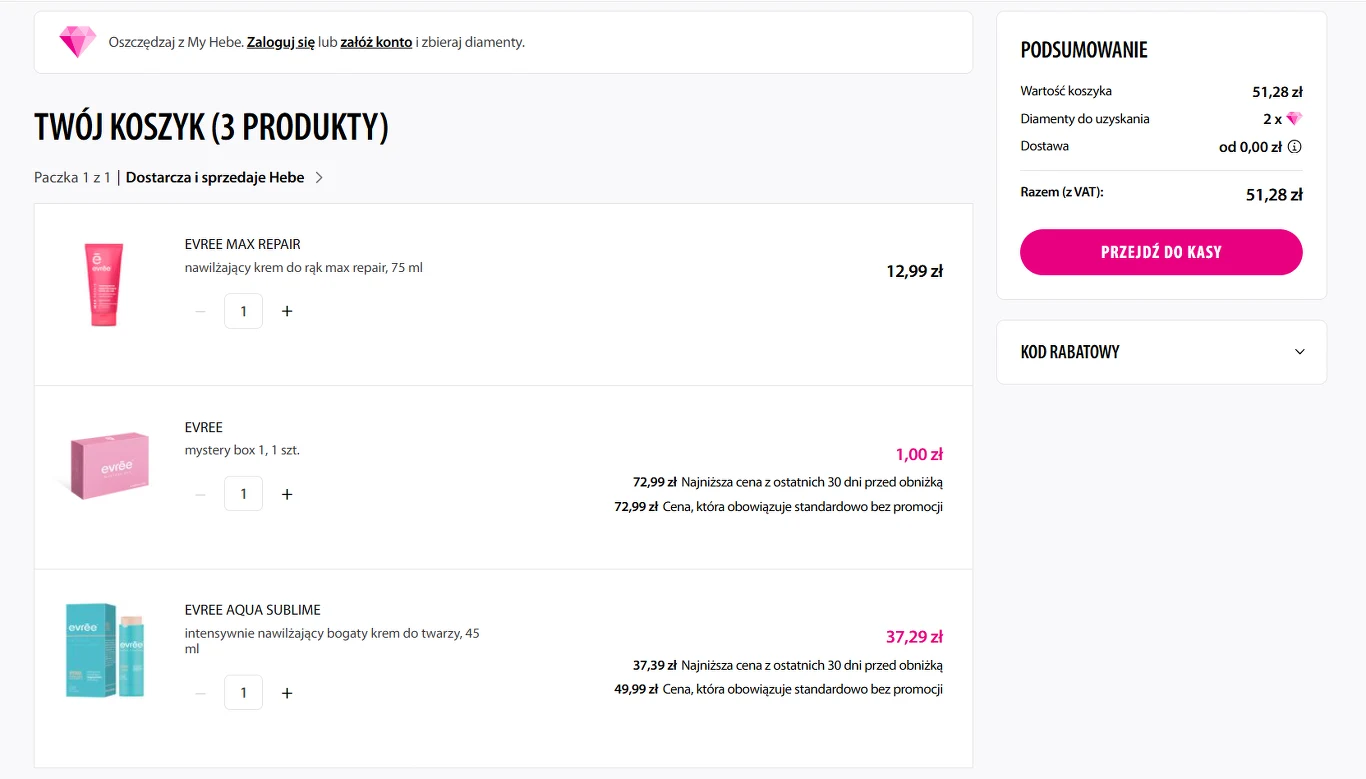 Koszyk zakupowy w sklepie internetowym zawierający trzy produkty marki Eveline: krem do rąk, mydło oraz nawilżające serum w ampułkach, z podsumowaniem ceny i opcją przejścia do kasy po prawej stronie.