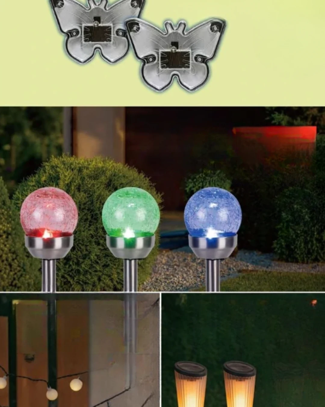 Zestaw różnorodnych lamp ogrodowych, w tym dekoracyjne motyle, kolorowe kule świetlne, girlanda żarówkowa oraz stojące lampki świetlne, stanowiących ozdobę ogrodu po zmroku.