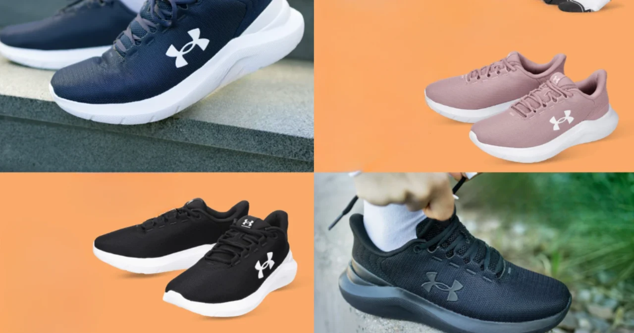 Cztery pary sportowych butów marki Under Armour w różnych kolorach, ułożone na geometrycznym tle; każda para eksponuje charakterystyczne logo na boku cholewki.