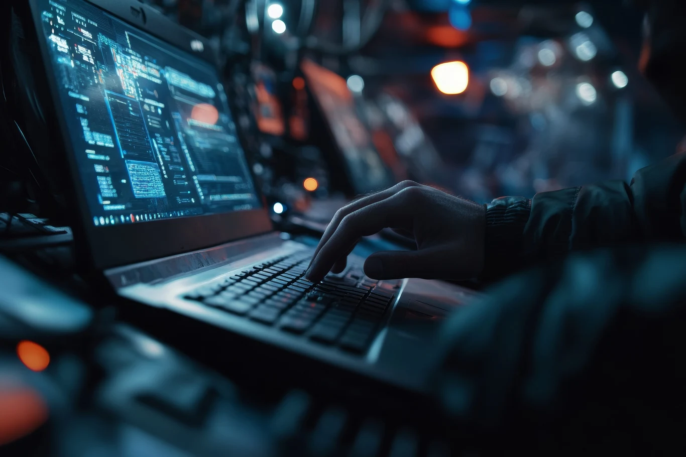 Dłoń wpisująca komendy na klawiaturze laptopa z wyświetlonym skomplikowanym kodem i różnorodnymi wykresami na ekranie w przyciemnionym, technologicznie zaawansowanym otoczeniu.
