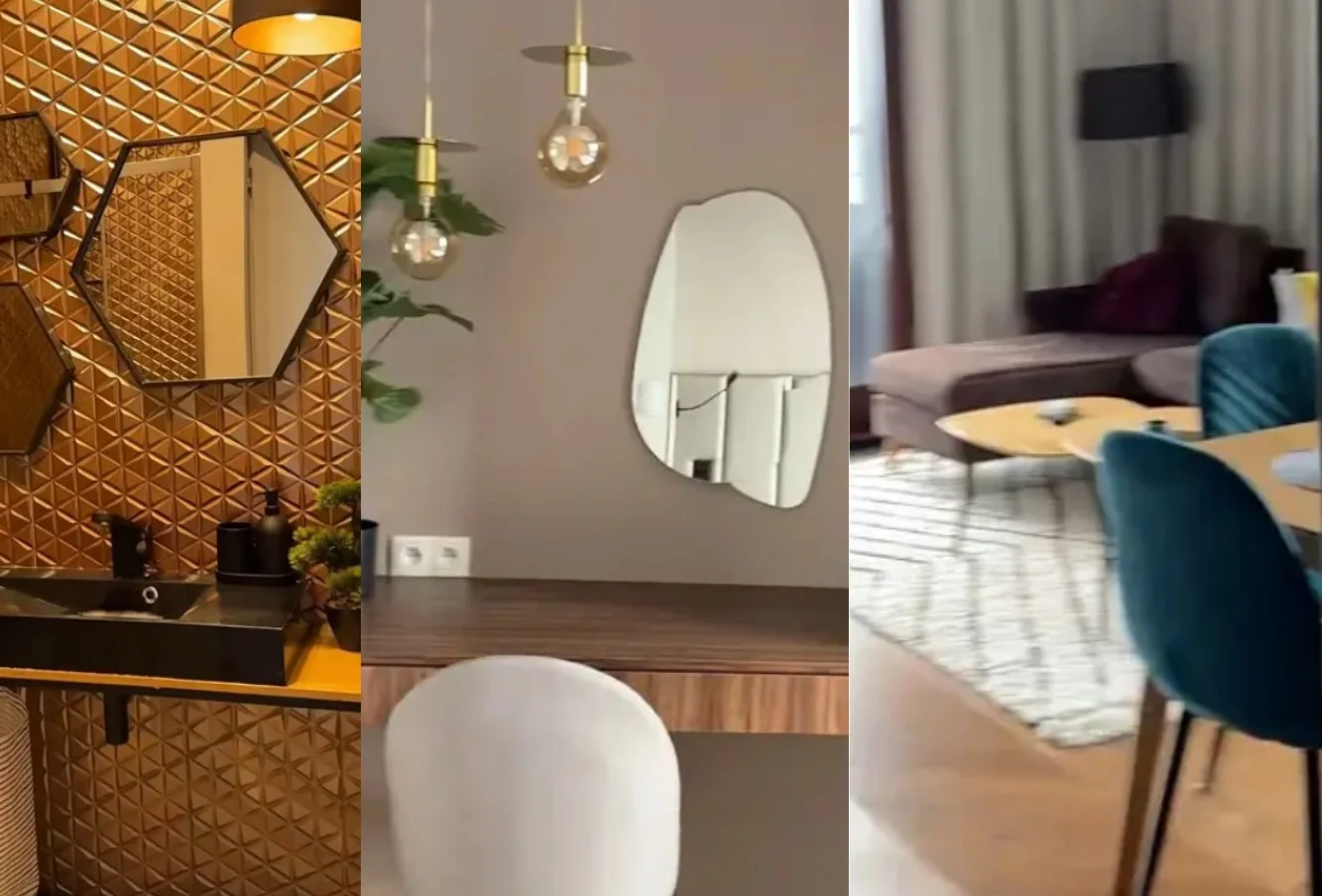 Nowe mieszkanie Marii Jeleniewskiej /TikTok@jeleniewska Trzy różne wnętrza, każde urządzone nowocześnie: łazienka z geometrycznymi lustrami i złotymi płytkami, toaletka z designerskim lustrem oraz industrialnymi lampami, a także salon z welurowymi krzesłami, okrągłym stołem i narożnikiem przy oknie.