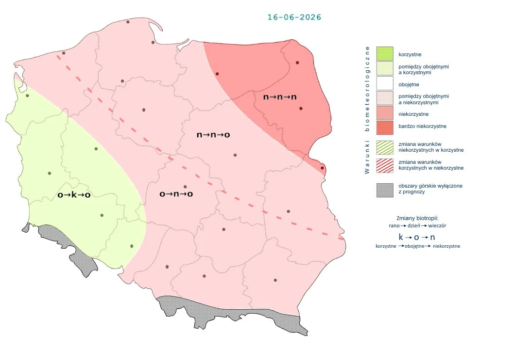 Najmniej przyjazne warunki przez cały dzień utrzymają się na północnym wschodzie, czyli tam, gdzie trzeba się liczyć z burzami Mapa Polski z zaznaczonymi obszarami korzystnymi, obojętnymi i niekorzystnymi pod względem warunków meteorologicznych, z wyraźnym podziałem na regiony południowo-zachodnie o korzystnych warunkach oraz przeważającą część kraju z warunkami niekorzystnymi...