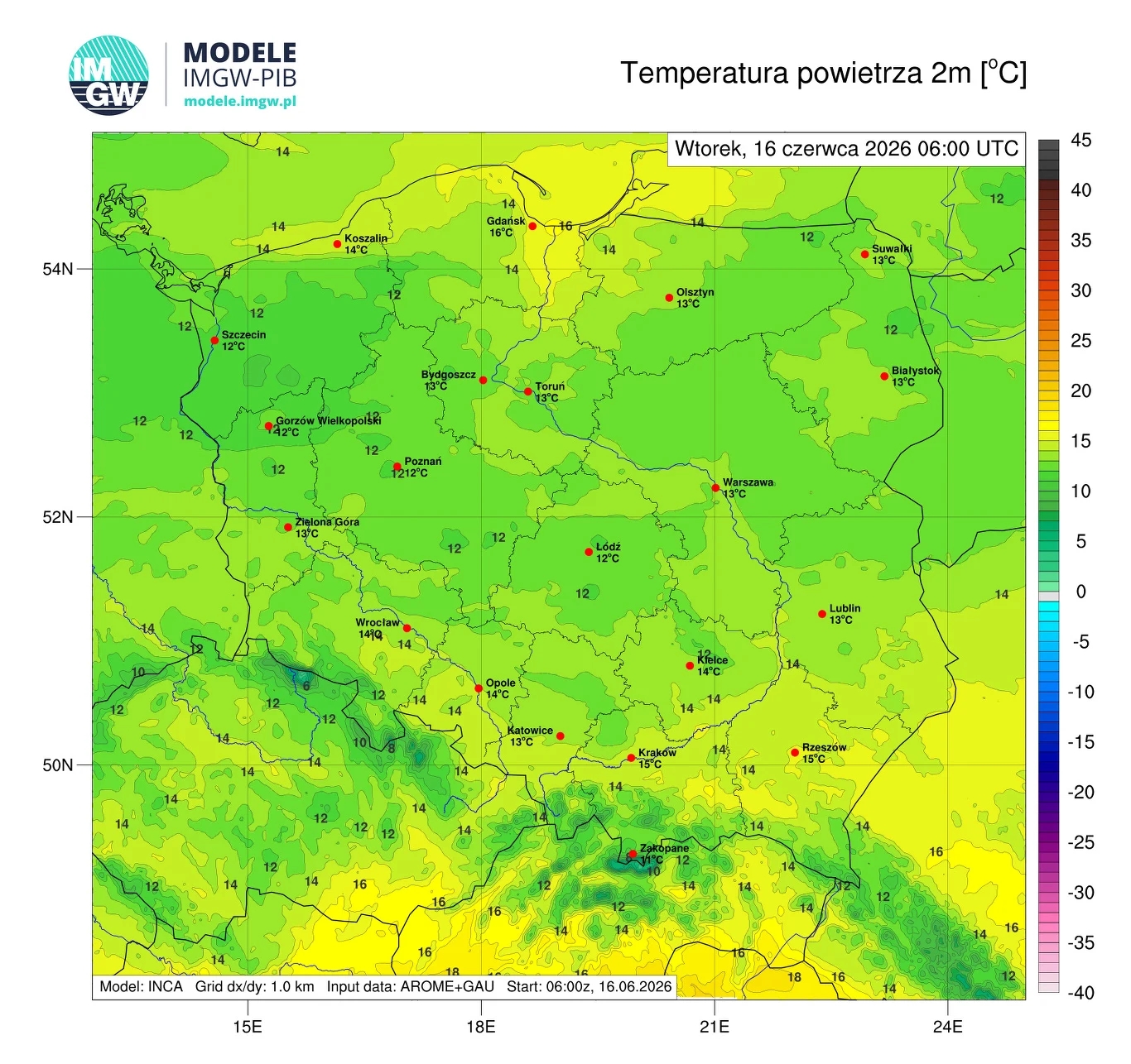 Mapa Polski z prognozą temperatury powietrza na wysokości 2 metrów, przedstawiająca wartości od ok. 10°C do 20°C w zależności od regionu, z najchłodniejszymi obszarami na północnym zachodzie i najcieplejszymi na południowym wschodzie, zaznaczone miasta...