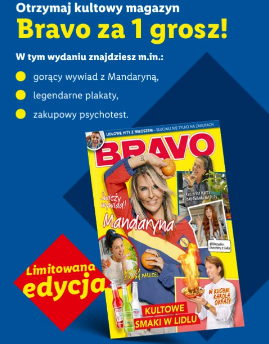 Kolorowa okładka magazynu Bravo z Mandaryną jako główną gwiazdą, zapowiedzią gorącego wywiadu, plakatów i psychotestu oraz podkreśleniem akcji promocyjnej w stylu retro, na tle wyrazistej grafiki w niebiesko-czerwonych barwach.