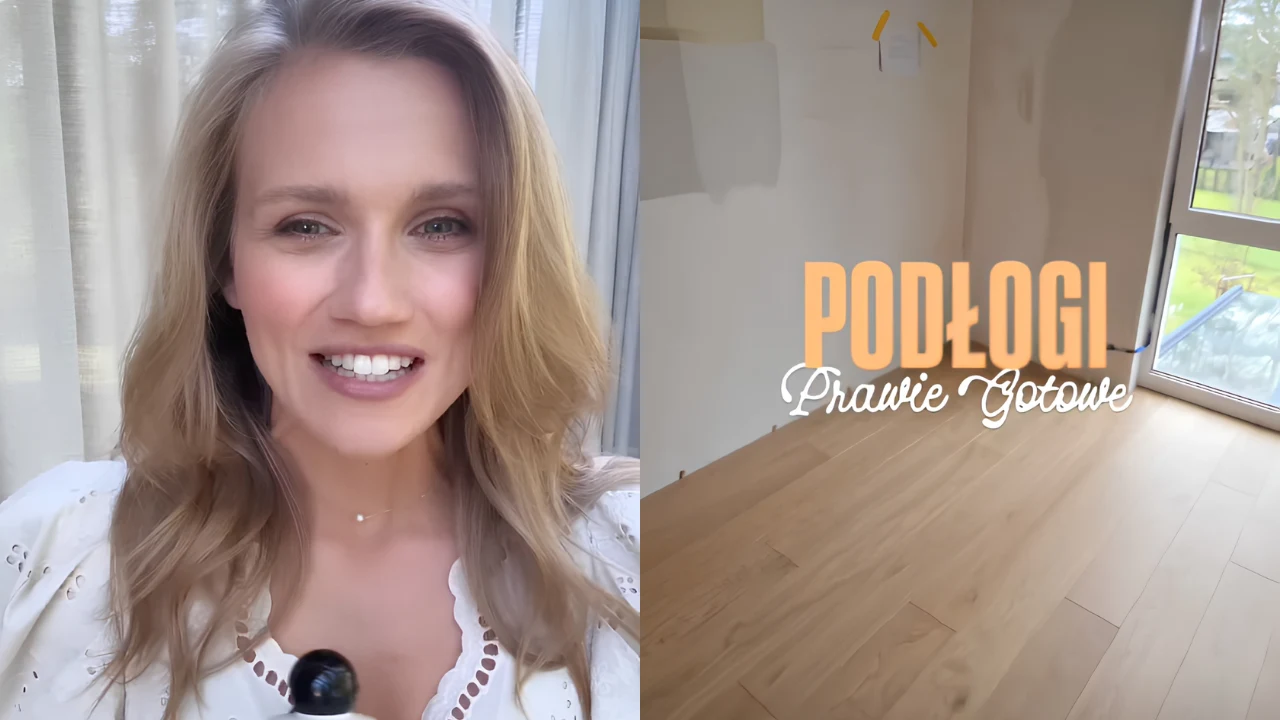 Uśmiechnięta kobieta w jasnej bluzce oraz drewniana podłoga w nowym, jasnym pomieszczeniu z dużym oknem i napisem 'Podłogi prawie gotowe'.