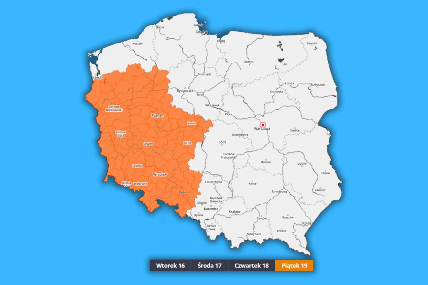 Zachodnia część Polski zaznaczona kolorem pomarańczowym, reszta kraju pozostaje biała; pod mapą kolorowe oznaczenia dni tygodnia z wyróżnionym piątkiem.
