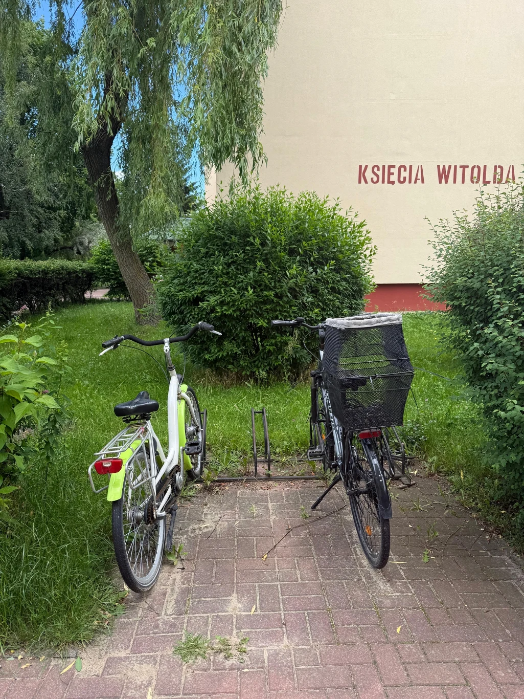 Rowery, które - według relacji sąsiadów - miały należeć do Siemiona Skriepieckiego Dwa rowery zaparkowane na stojaku przy brukowanej ścieżce, otoczone zielonymi krzewami i trawnikiem, w tle ściana budynku z częściowym napisem 'KSIECIA WITOLDA'.